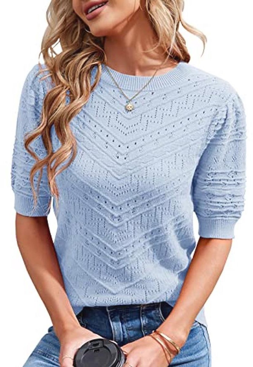 Dames gebreide trui met korte mouwen - casual ronde hals, pofmouwen, elegant sweatshirt