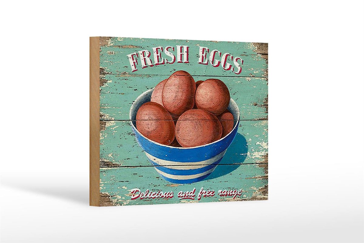 Holzschild Retro 18x12cm fresh eggs Frische Eier