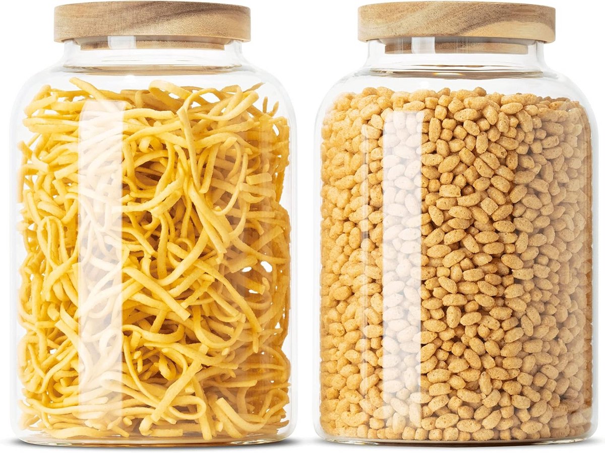 Set van 2 Luchtdichte Luxe Voorraadpotten van Glas met Houten Deksel (2 x 1600 ml)