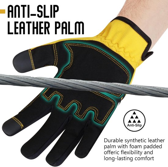 Zwarte werkhandschoen met geel accent, anti-slip lederen palm en gele stiksels. Met anti-slip symbool.