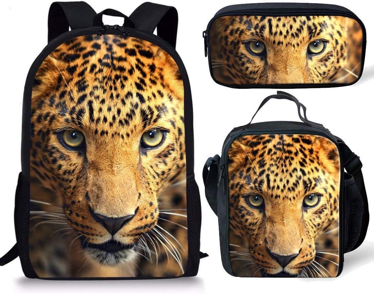 Schooltas Set 3 in 1 voor Kinderen: Rugzak, Lunchtas en Etui met Luipaardprint