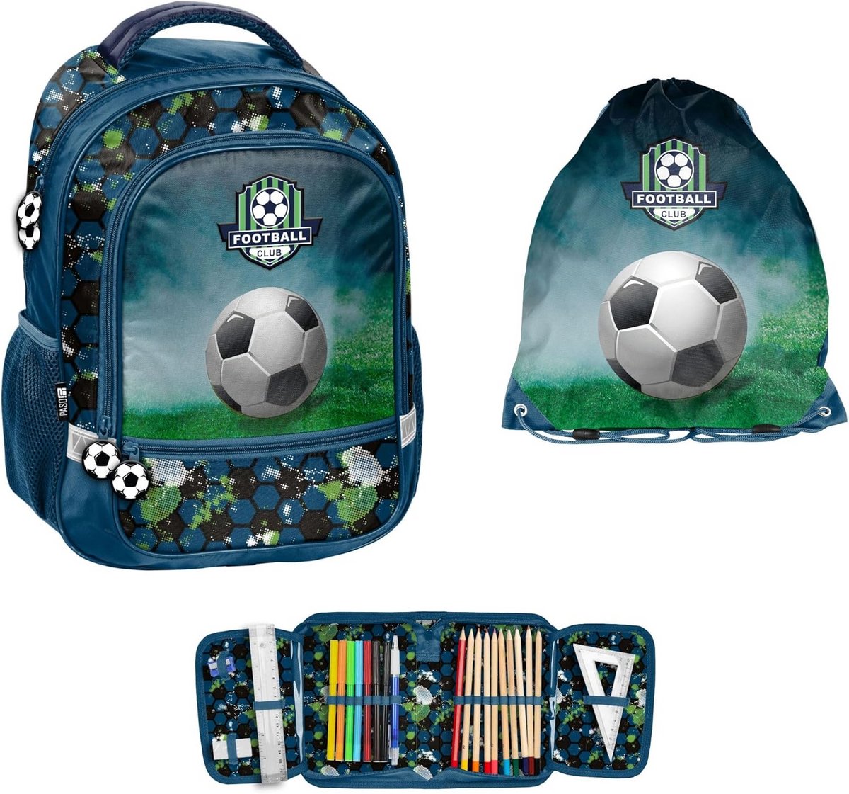 3-Delige Schoolset Blauw: Rugzak, Gymtas en Gevuld Etui met Voetbalthema