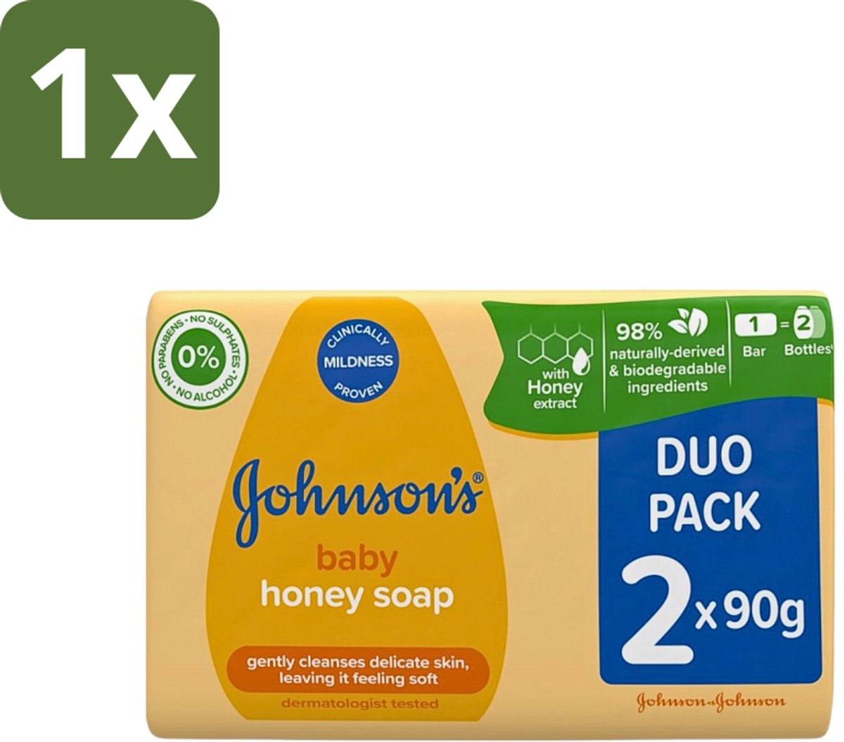 1 x Johnson's - Baby Honey Soap - Zacht - Reinigt Gevoelige Huid - 2 x 90 g - Babyhuid Reinigen - Honing Zeep - Gevoelige Huid - Zachte Zeep - Dermatologisch Getest
