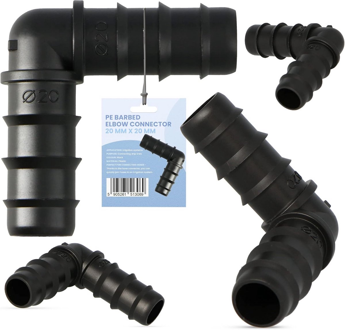 PE Rechte Hoekkoppeling 20x20 mm voor Druppelslang en Tuinirrigatie - Waterdichte SLitting
