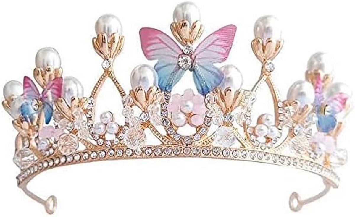Handgemaakte Gouden Kroon voor Meisjes met Vlinders en Parels - Perfect voor Bruiloften en Feesten