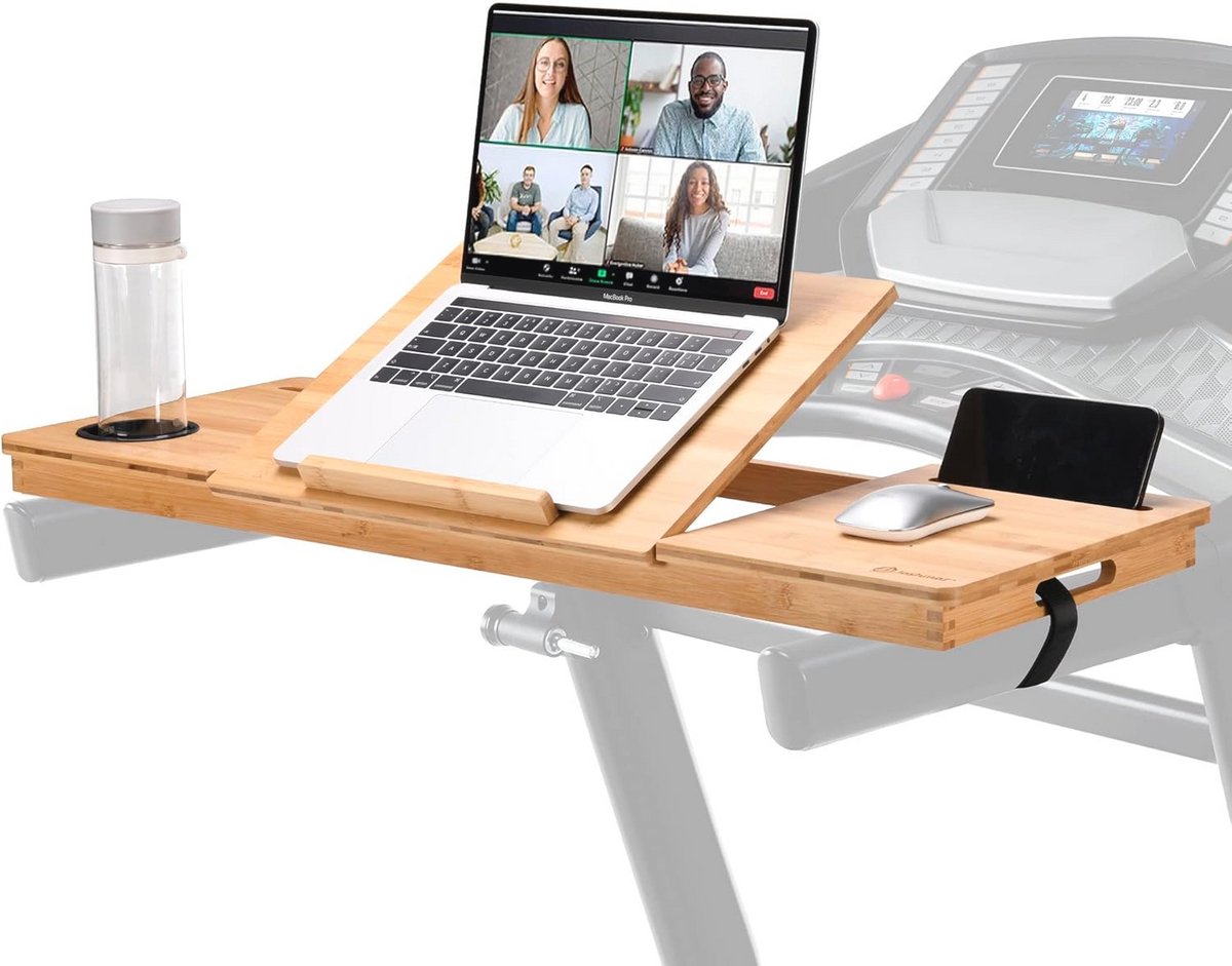 Verstelbaar Bamboe Loopbandbureau met Laptopsteun en Bekerhouder