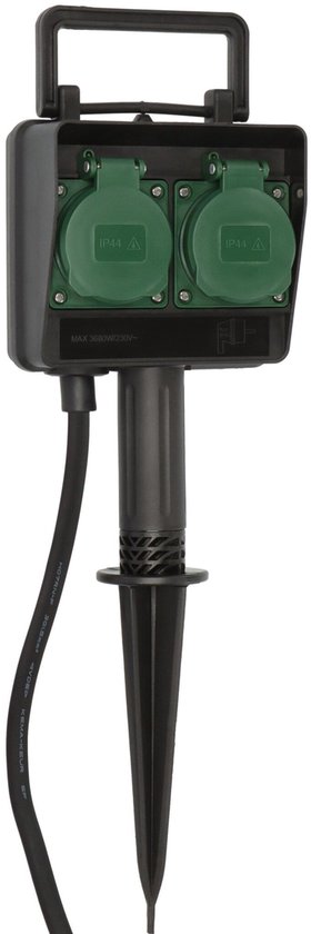 Brennenstuhl Tuincontactdoos / Buitencontactdoos 2-voudig op spies (Weerbestendige kunststof, Tuinstekkerdoos met waterdichte behuizing, 1,4m kabel) zwart