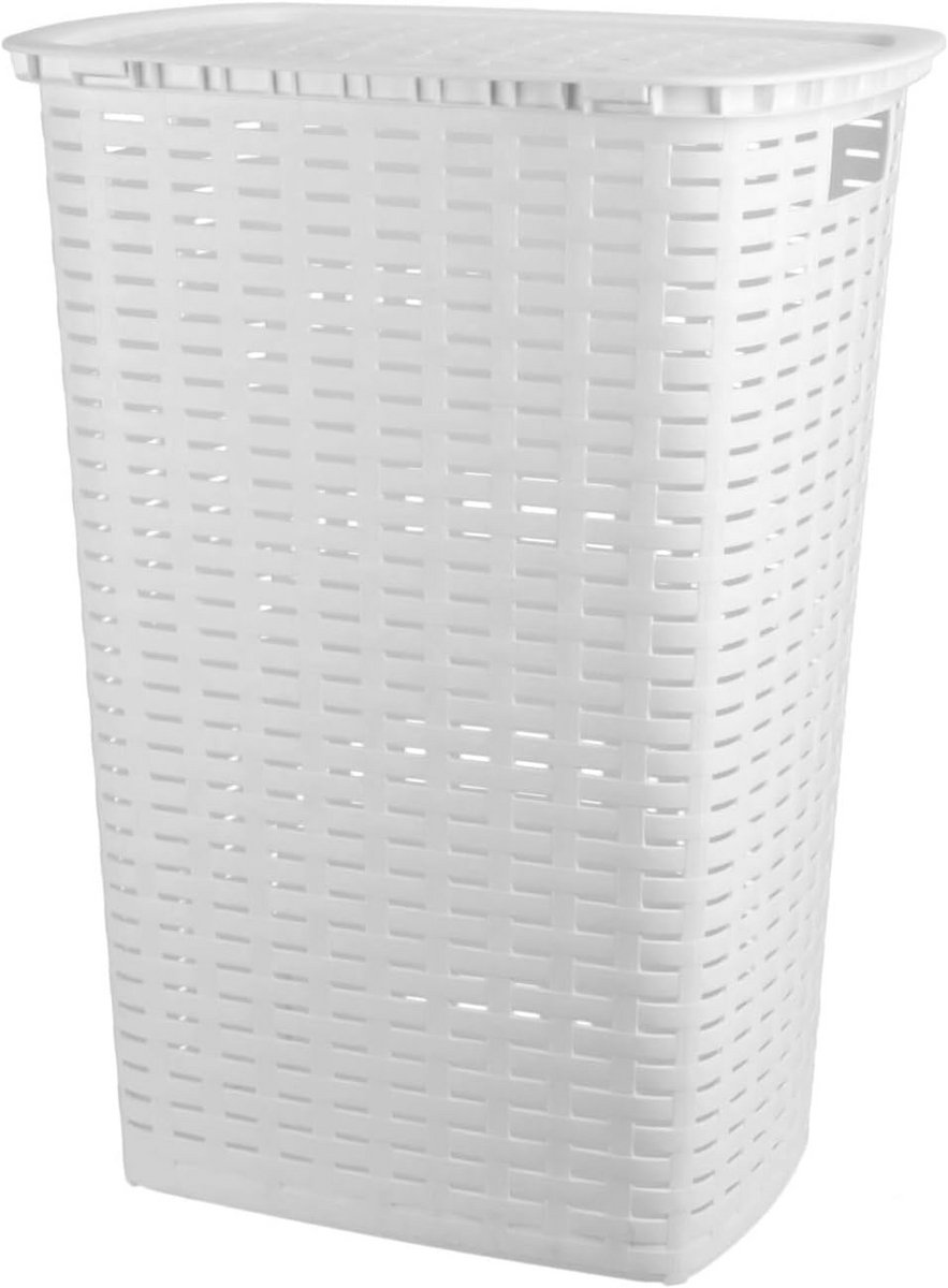Witte kunststof wasmand in rotan-look met deksel en handgrepen - 53 liter