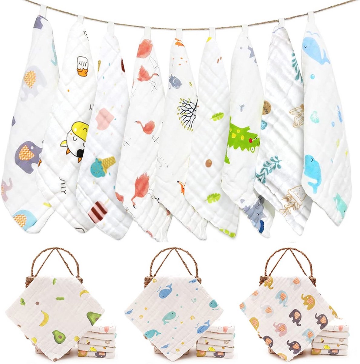 Set van 9 Baby Muslin Wasdoeken - 6 Laags Zachte Katoenen Gaas Handdoeken voor Peuters