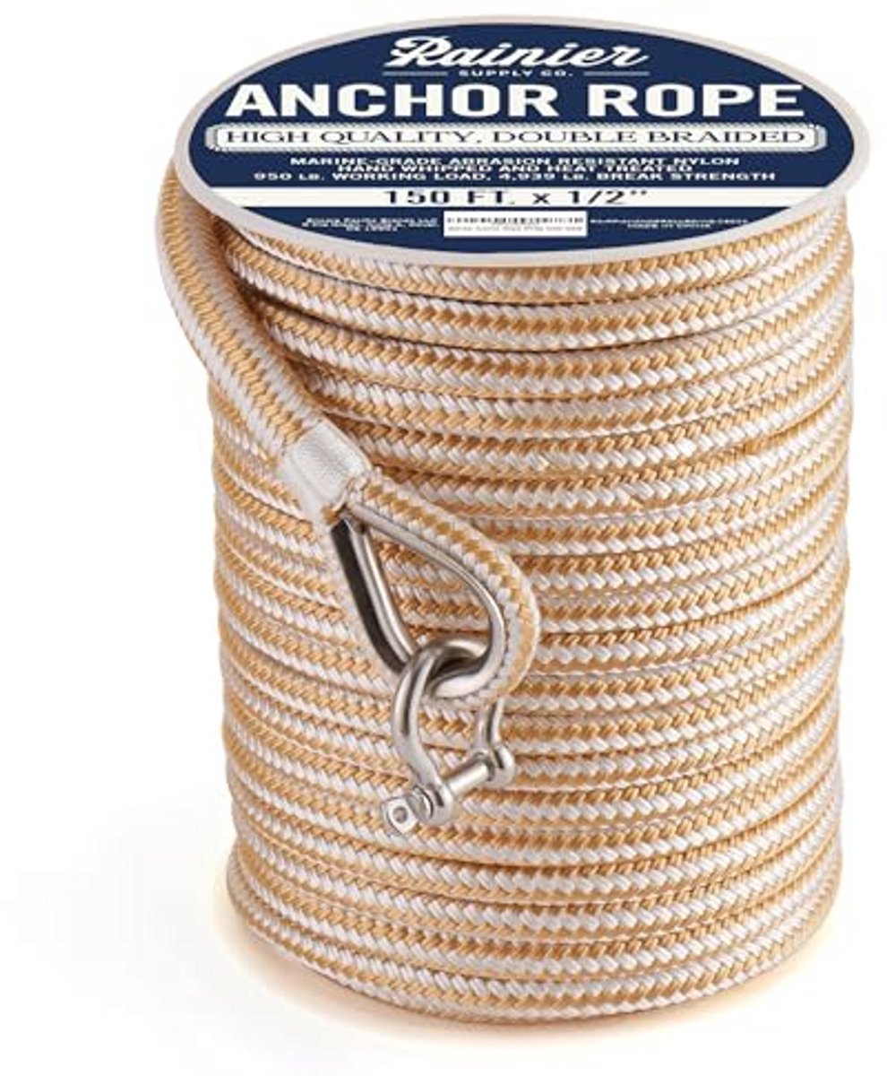 Dubbel Gevlochten Nylon Ankerlijn 45,7 m - Marine Kwaliteit Boottouw met Roestvrijstalen Vingerhoed