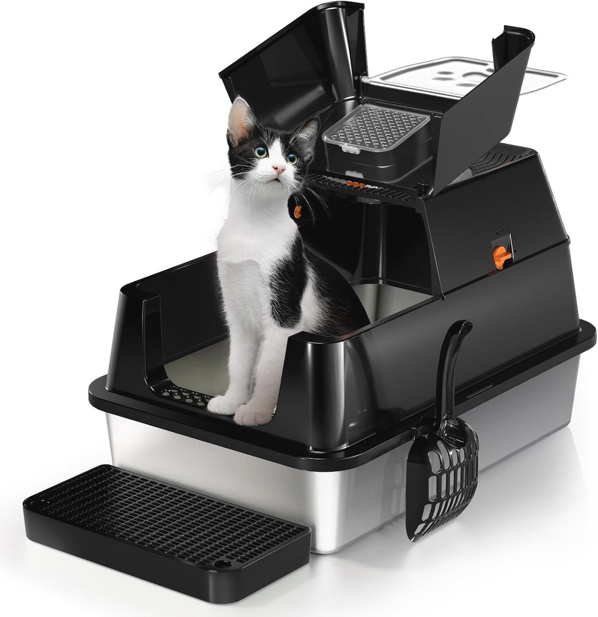 XL Roestvrij Stalen Kattenbak met Deksel - 180° Flip-Top Design, Hoogzijdige Ingesloten Kattenbak met Stappen en Schep, Eenvoudig te Reinigen en Geurbestrijdend