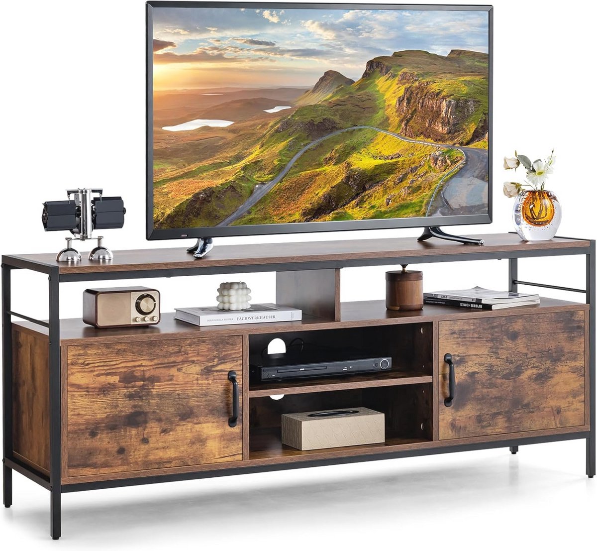 Industriële TV-kast tot 65 inch met 2 deurkasten en verstelbaar rek