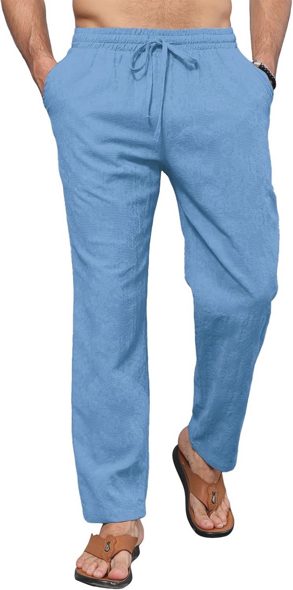 EDITCOZY Linnen strandbroek voor heren, losse pasvorm, katoenen broek, casual zomerbroek met trekkoord