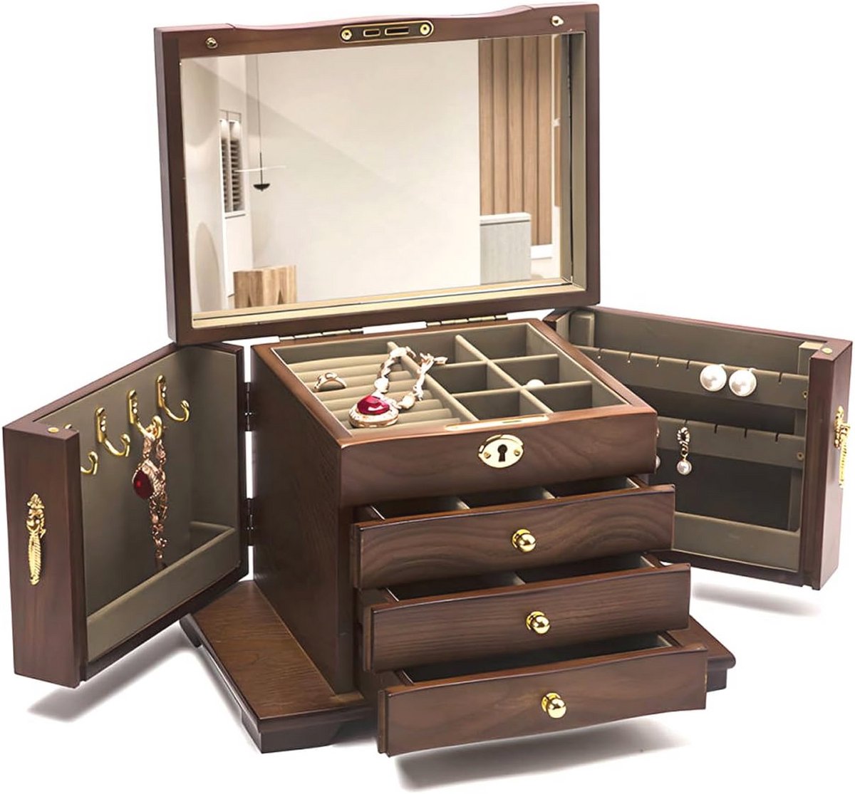 Sieradendoos Hout met Slot – Vintage Juwelendoos voor Vrouwen met 4 Niveaus en Spiegel