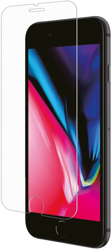 iPhone noire avec un protecteur d'écran partiellement placé dessus, sur fond blanc.