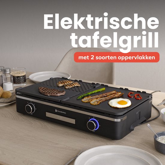 KitchenBrothers Elektrische Grillplaat - Bakplaat met Temperatuurregeling - Plancha - Gourmet - Tafelgrill - 2400W - 30,5x52 cm - Zwart — afbeelding 2