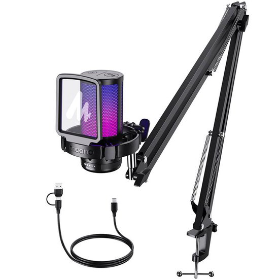 Zwarte microfoon met RGB-verlichting, op een zwenkarm. Inclusief USB-kabels.