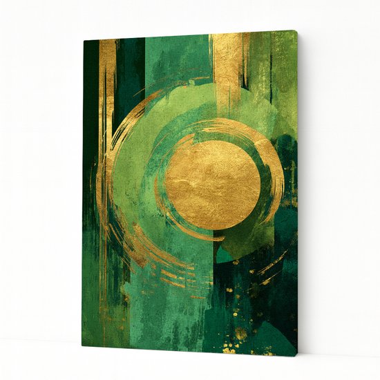 Abstract schilderij met gouden cirkel op groene achtergrond met verticale strepen.