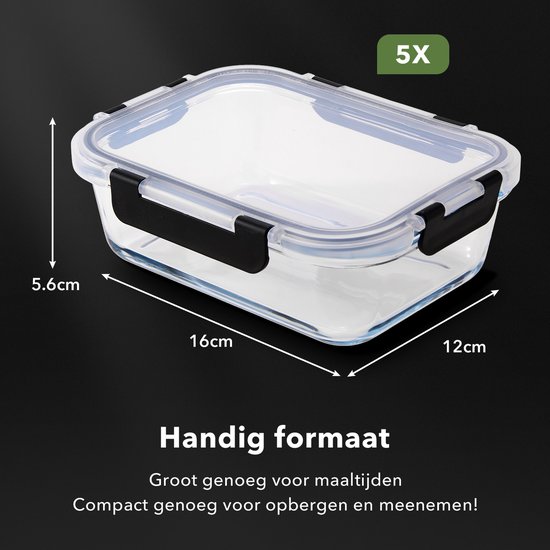 BARDI 5 Delige Glazen Meal Prep Bakjes Inclusief 10 Stuks Wonderspons - Glazen Vershoudbakjes - Glazen Opbergbakken - Diepvriesbakken - Luchtdicht - BPA Vrij - 1060ML - Glas - Zwarte Clips van Merkloos — afbeelding 3