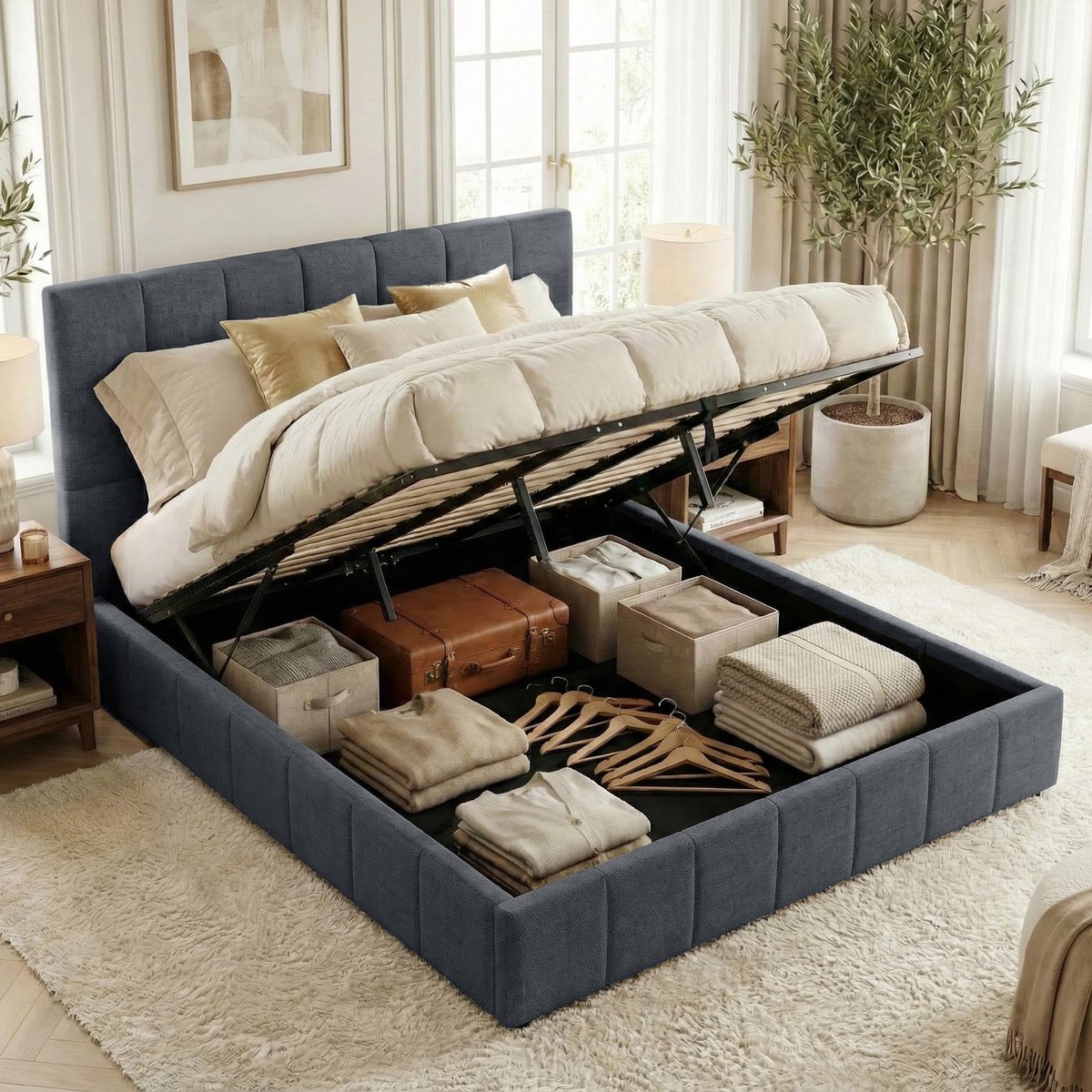 CLP Bed met opbergruimte gestoffeerd Ladia - bedframe voor matrassen - lattenbodem met liftmechanisme - tweepersoonsbed met stoffen be donkergrijs