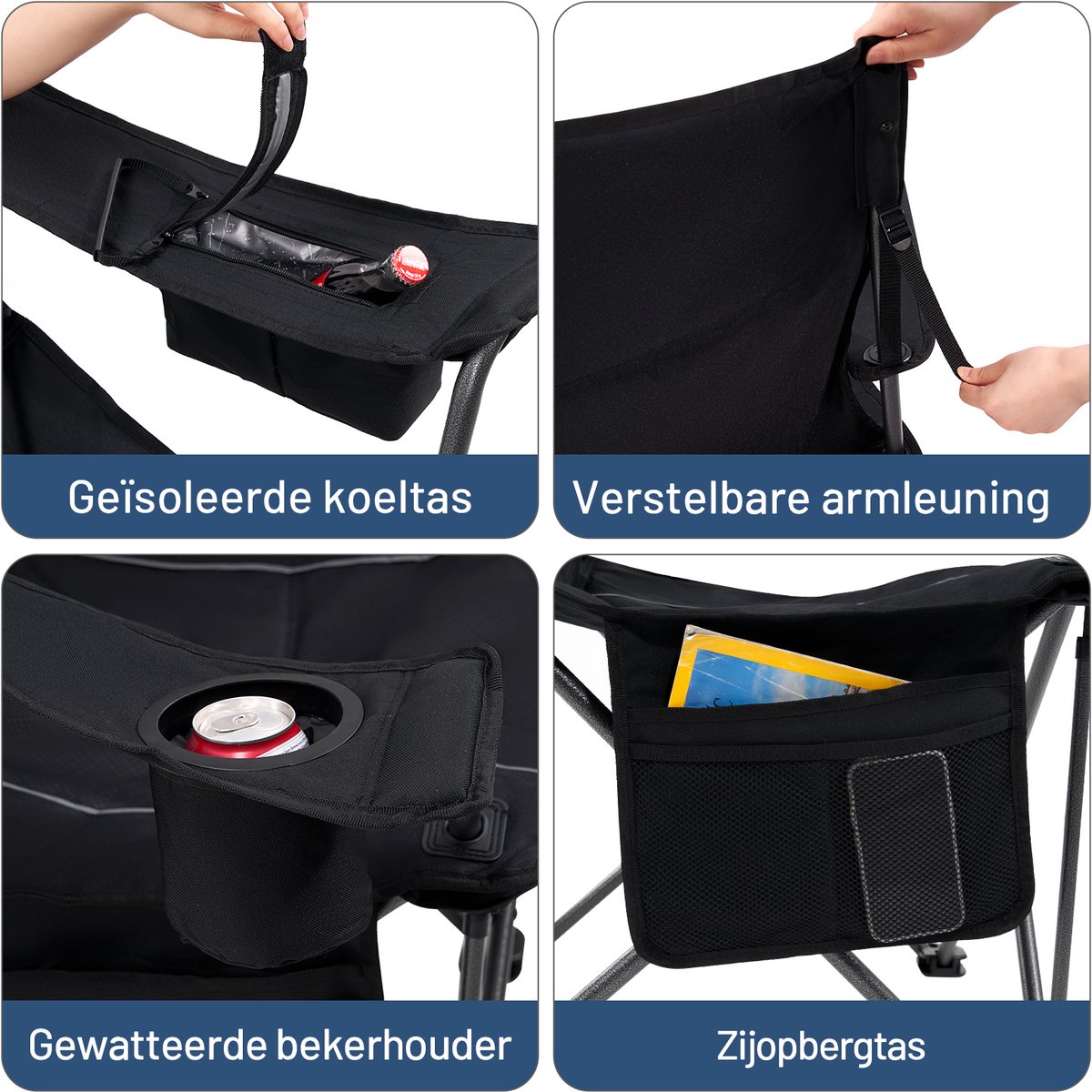 TIMBER RIDGE Campingstoel - Comfortabel & Opvouwbaar - 200KG draagvermogen - Met bekerhouder & zijvak - Voor camping & vissen - Zwart — cadeau in Sport & Outdoor - foto 7
