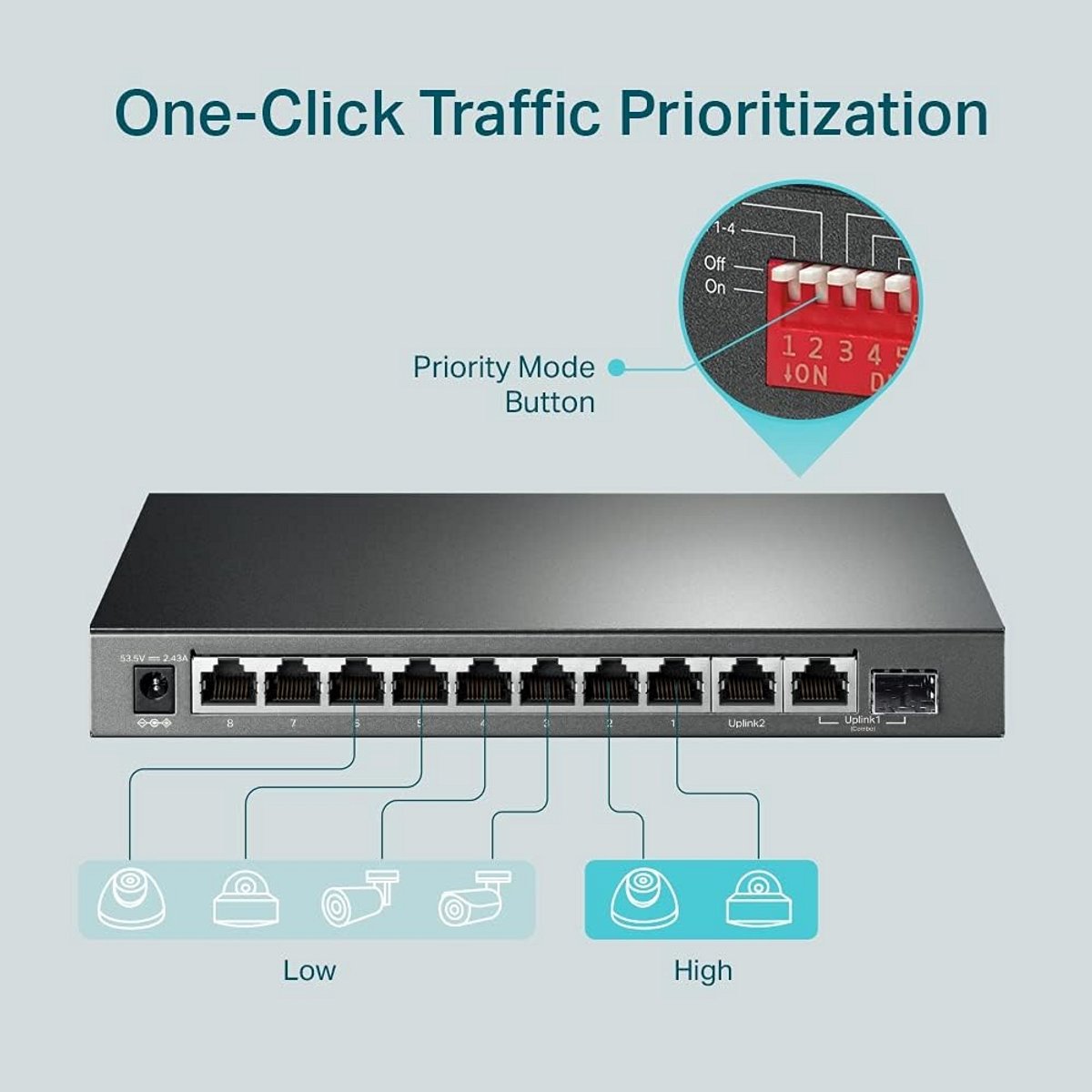 10-Poorts Gigabit Netwerk Switch met 9x PoE+ en SFP Slot