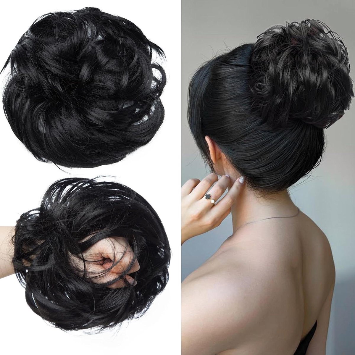 Provento - Haarstukje voor Messy Bun Kapsels in Donkerzwart, Synthetisch Haar, 80g
