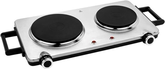 RVV® Elektrische Kookplaat 2 Pits - Elektrische Fornuis - Elektrische Kookplaat Vrijstaand - 2 Kookzones - Kinderslot - Zilver - 53cm x 35cm x 10cm