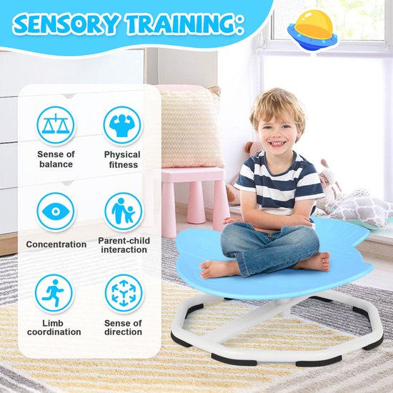 Chaise rotative sensorielle pour enfants, chaise rotative enfant 360°, carrousel, autisme, chaise enfant avec base métallique antidérapante, chaise carrousel pour intérieur pour tout-petits à partir de 3 ans (bleu)