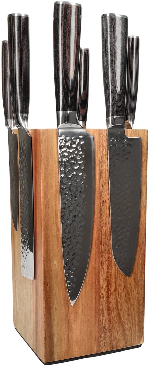 Shinrai Knives - Hammered RVS 6-delige Messenset + Messenblok Rotate
