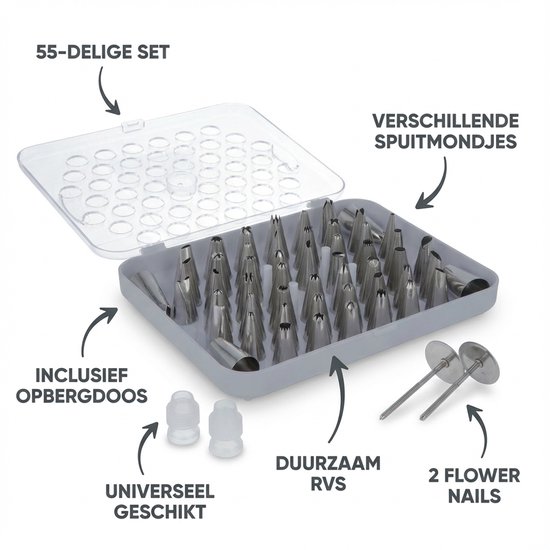Set van 55 spuitmondjes van duurzaam RVS, inclusief opbergdoos en 2 bloemnagels.