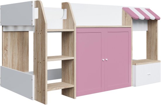 Lit enfant lit maison 90x200, avec espace de rangement ouvert, avec échelle d'escalade, lit mezzanine enfant mi-hauteur, lit superposé enfant en bois massif sans matelas, couleur bois + rose