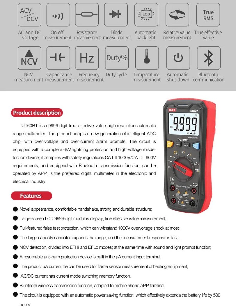 Slimme Digitale Multimeter met Bluetooth - AC/DC Volt, Stroom en Temperatuur Tester