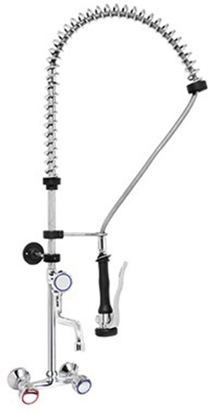 Voorspoelkeukenmengkraan van glanzend RVS/INOX, met flexibele slang, douchekop, wandbevestiging en rode en blauwe handgrepen.