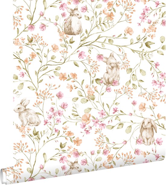 ESTAhome papier peint lapins vert, rose et orange - 0,53 x 10,05 m - 131705