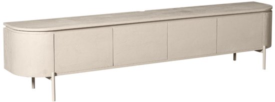 Zandkleurig tv-meubel met afgeronde zijkanten en vier deuren, staand op dunne metalen pootjes.