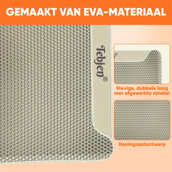 Gedetailleerde weergave van beige kattenbakmat, EVA-materiaal, dubbele laag met afgewerkte randen, honingraatontwerp.