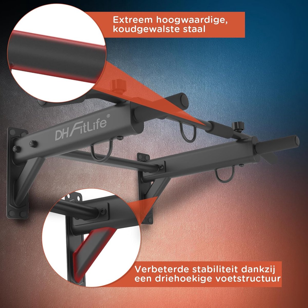 DH FitLife 4-in-1 optrekstang voor wandmontage met spreidplug, multifunctionele pull-up bar voor thuis tot 200 kg | 6 antislip handgrepen | 3 ogen voor bokszak & slingtrainer | veilig en stabiel thumbnail 4