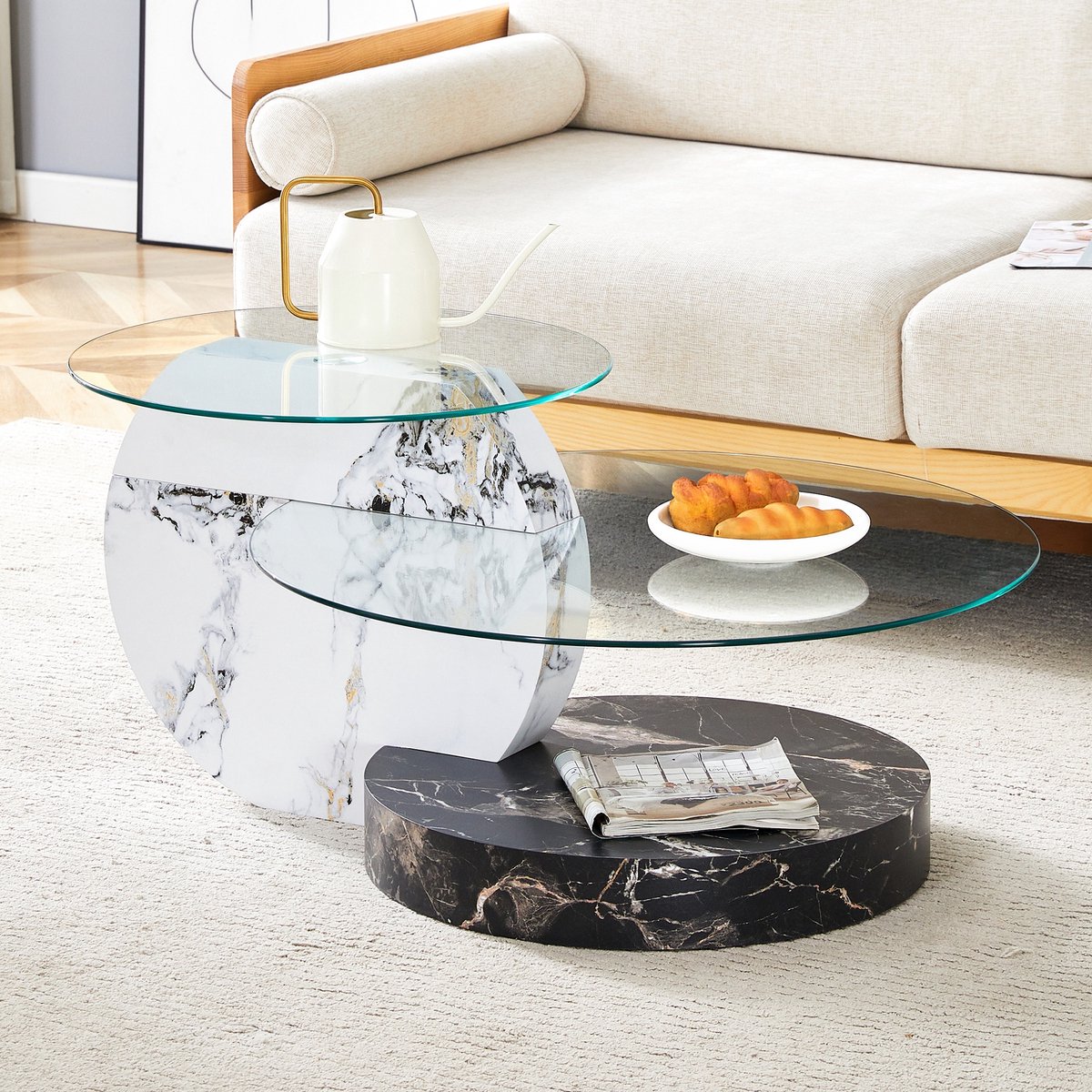Sweiko Salontafel - Glazen tafelblad - 3 niveaus - Ronde bijzettafel - Marmerlook - Wit + Zwart