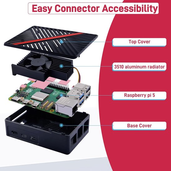GeeekPi Raspberry Pi 5 Behuizing – ABS, Zwart, Met Armor Lite V5 PWM-ventilator, 3510 Ultra-stil, Koellichaam, Inclusief Schroeven En Thermal Pads