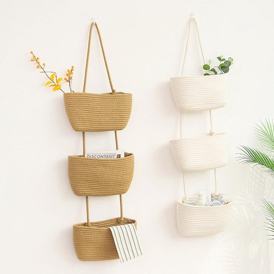 Hangmand met 3 niveaus, hangmand voor boven de deur, wandmontage, hangende opbergtas, katoenen touw, geweven opbergoplossing met haak, decoratieve hangende manden voor slaapkamer, woonkamer, badkamer