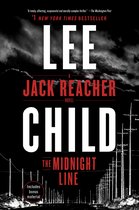 Boekomslag 'The Midnight Line' door Lee Child met zwarte lucht, telefoonpalen en witte en rode tekst.