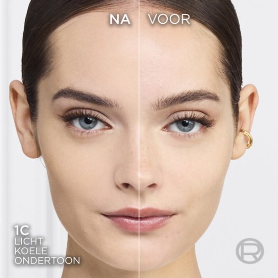 Vergelijking van gezicht voor en na L'Oréal True Match Foundation, tint 1C licht koele ondertoon.