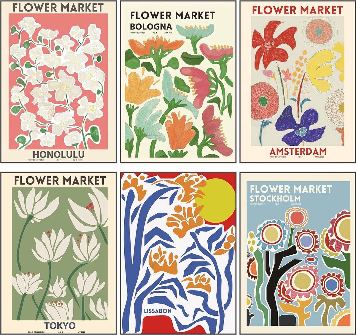 Stunq® Zesdelige Stijlvolle Bloemenafbeeldingenset, Bloemenmarkt Poster, Kunstafdrukken, Moderne Muurdecoratie Zonder Lijst
