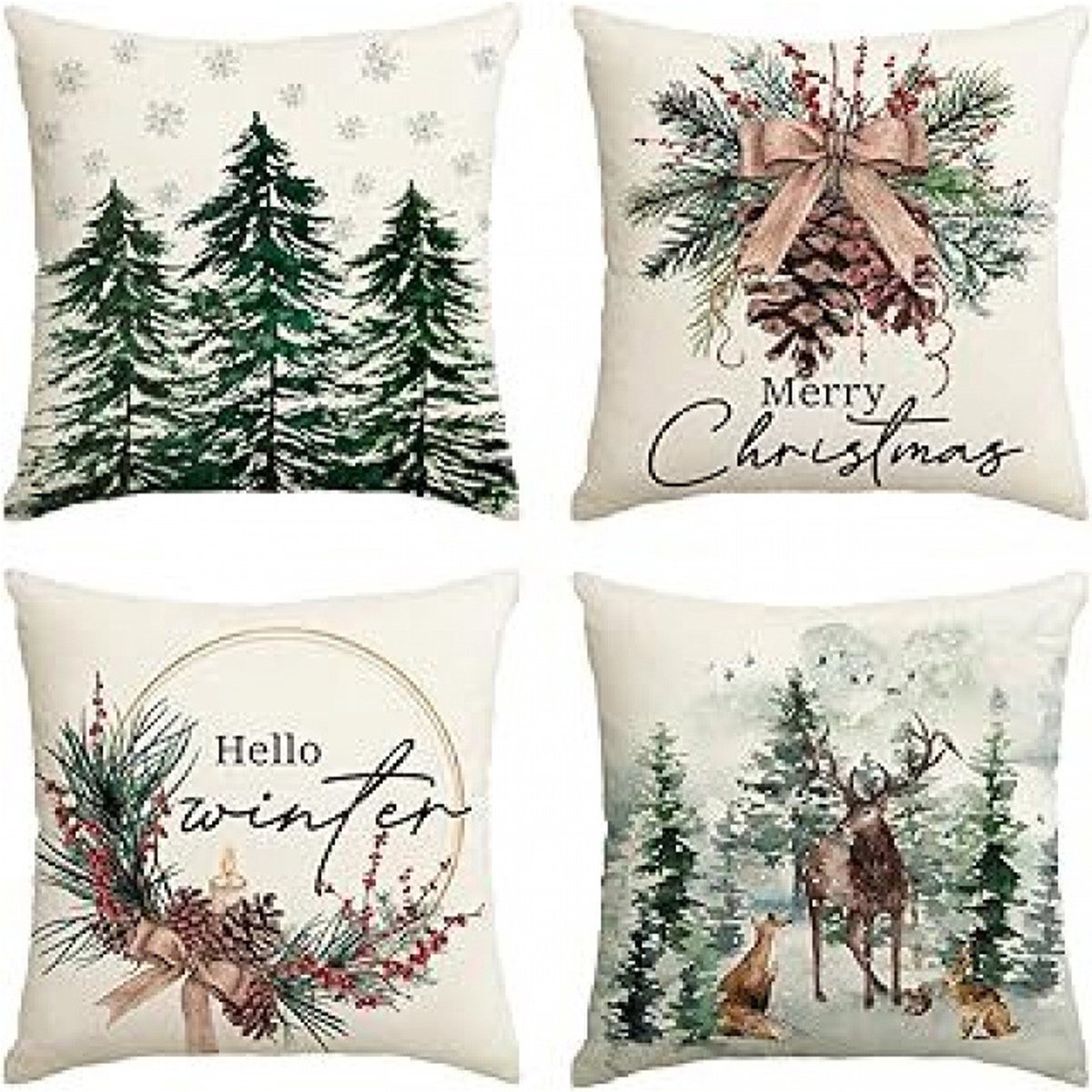 Kerstkussenhoezen - Set van 4, 45 x 45 cm - Linnen, zachte kerstdecoratie met rendiermotief - Voor banken, slaapkamers en woonkamers - Mix kleuren