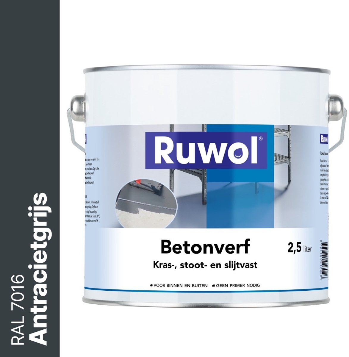 Ruwol Betonverf Antracietgrijs (RAL 7016) 2,5 liter - Voor binnen en buiten - Alle kleuren - Kras-, stoot- en slijtvaste verf voor beton en steen - Betonverf voor buiten