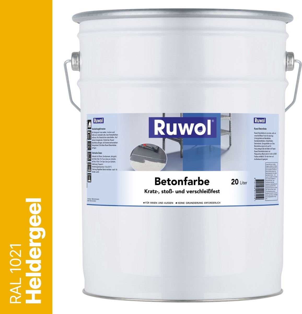 Ruwol Betonverf Heldergeel (RAL 1021) 20 liter - Voor binnen en buiten - Alle kleuren - Kras-, stoot- en slijtvaste verf voor beton en steen - Betonverf voor buiten