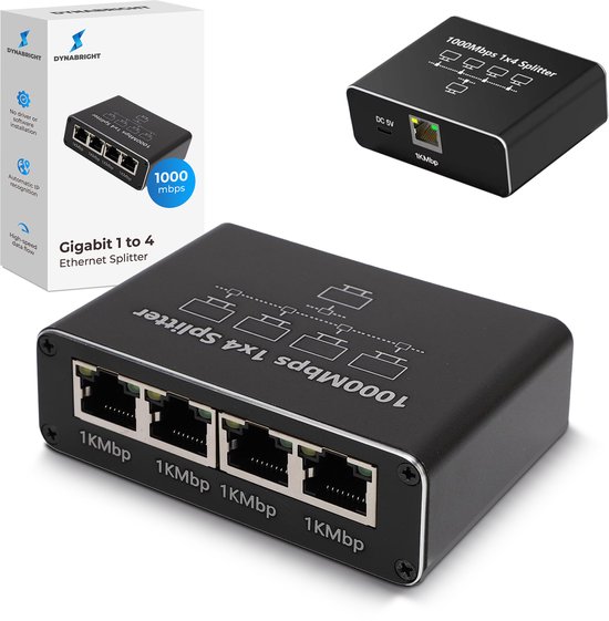 DynaBright Internet Splitter - 4 Poorten – Netwerk Switch – Tot 1000Mbps - Ethernet splitter – RJ45, CAT5 t/m CAT8 - Netwerk Splitter