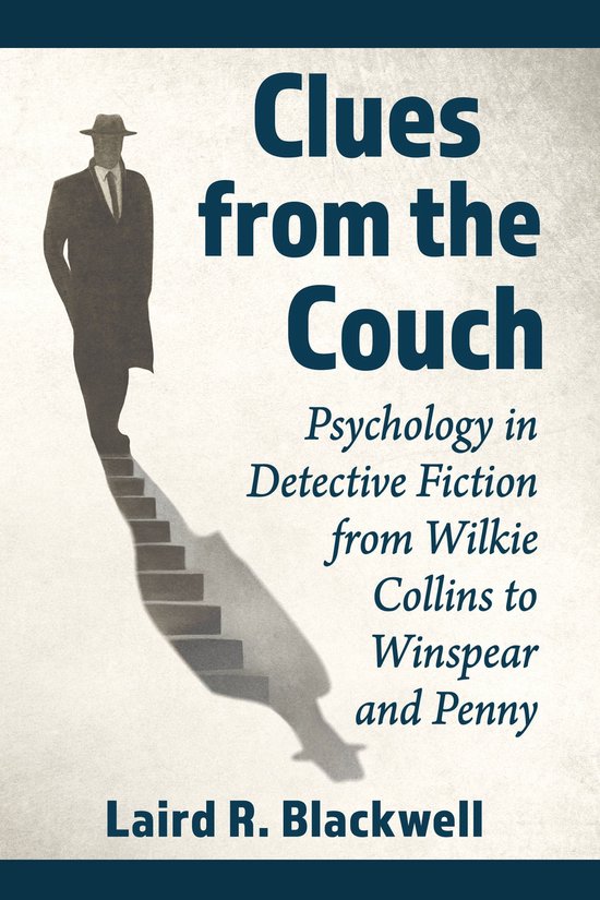 Couverture du livre 'Clues from the Couch' avec l'ombre d'un homme en costume, des escaliers et le titre.