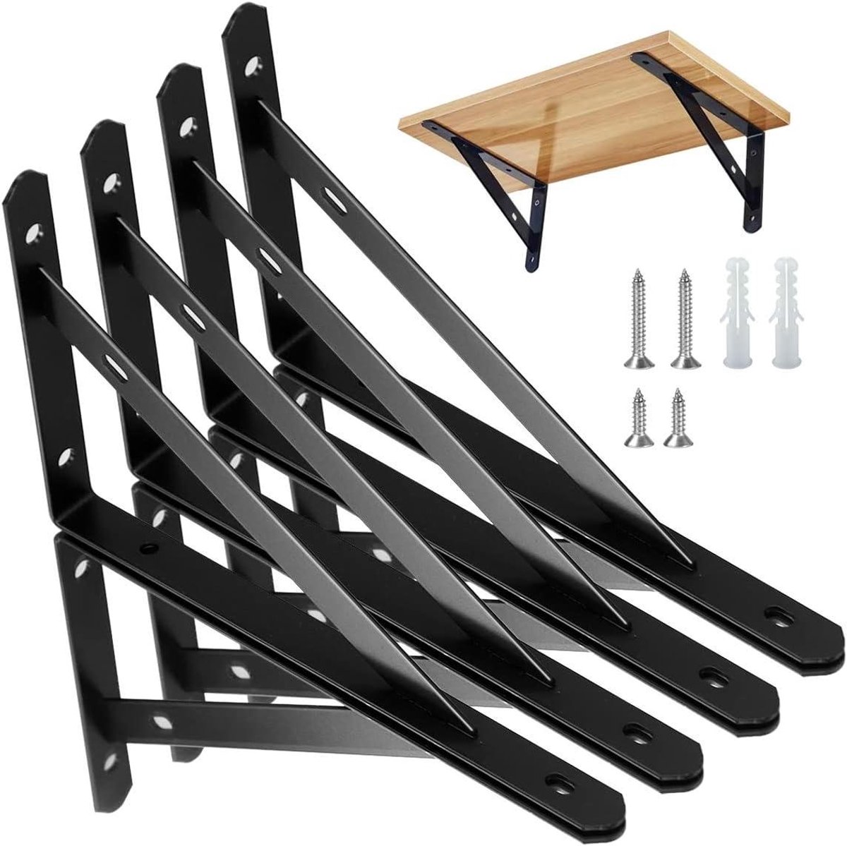 CSGoods - Driehoekige Muurbeugels voor Zware Belasting | Eenvoudig te Installeren Planksteunen | Wandmontage Beugels | Inclusief Accessoires | Set van 8 | 8 inch | Zwart